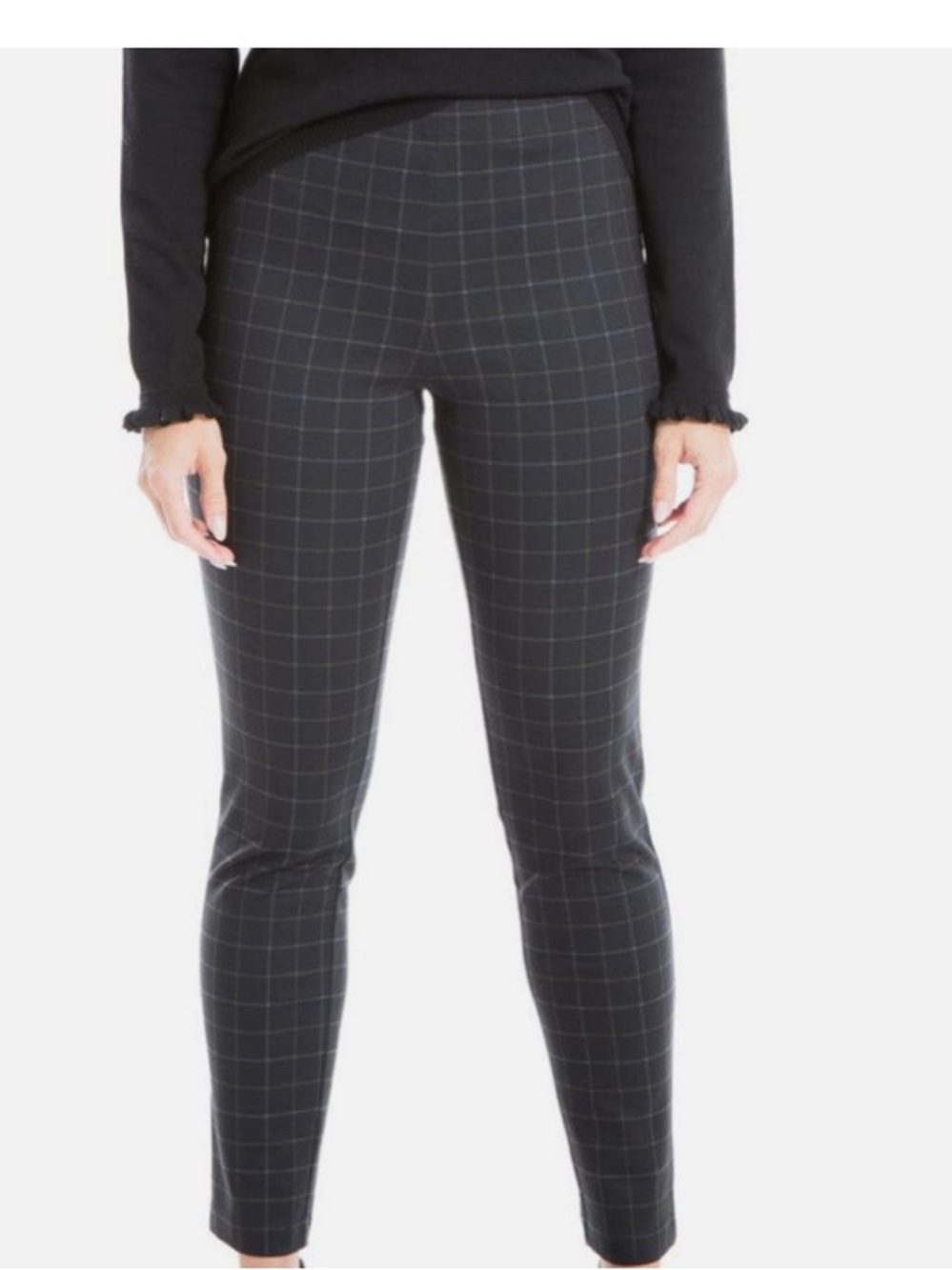 Max Studio High Waist Plaid Windowpane Skinny Leggings Black Gray Pants XS
